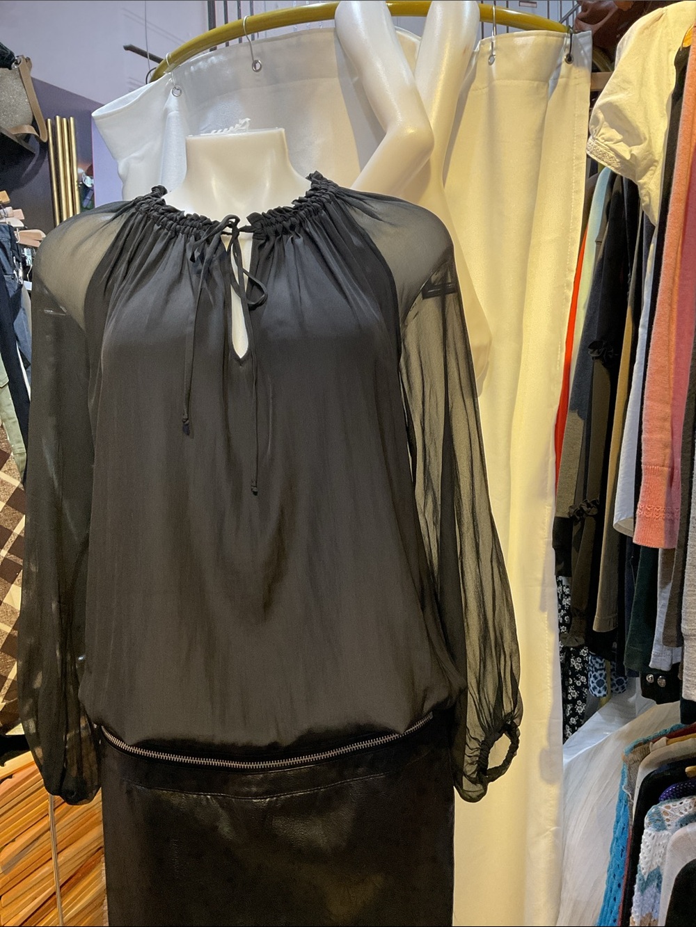 Ramy Brook Black Sheer Tie-Neck Blouse
